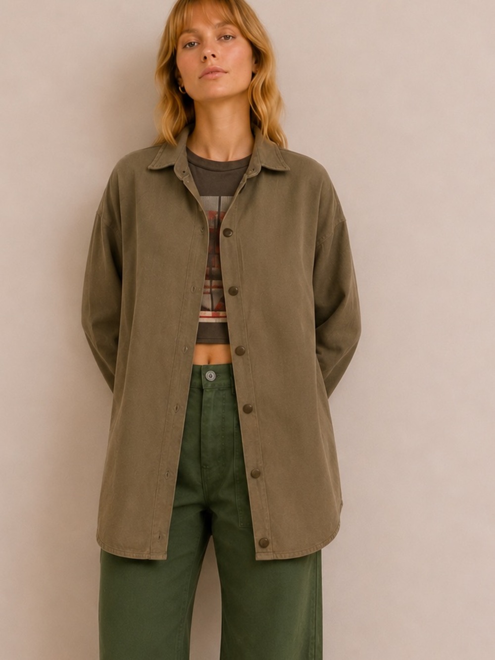 Vintage 1980s Hot Cotton Taupe Snap Front Utility Shirt Shacket M